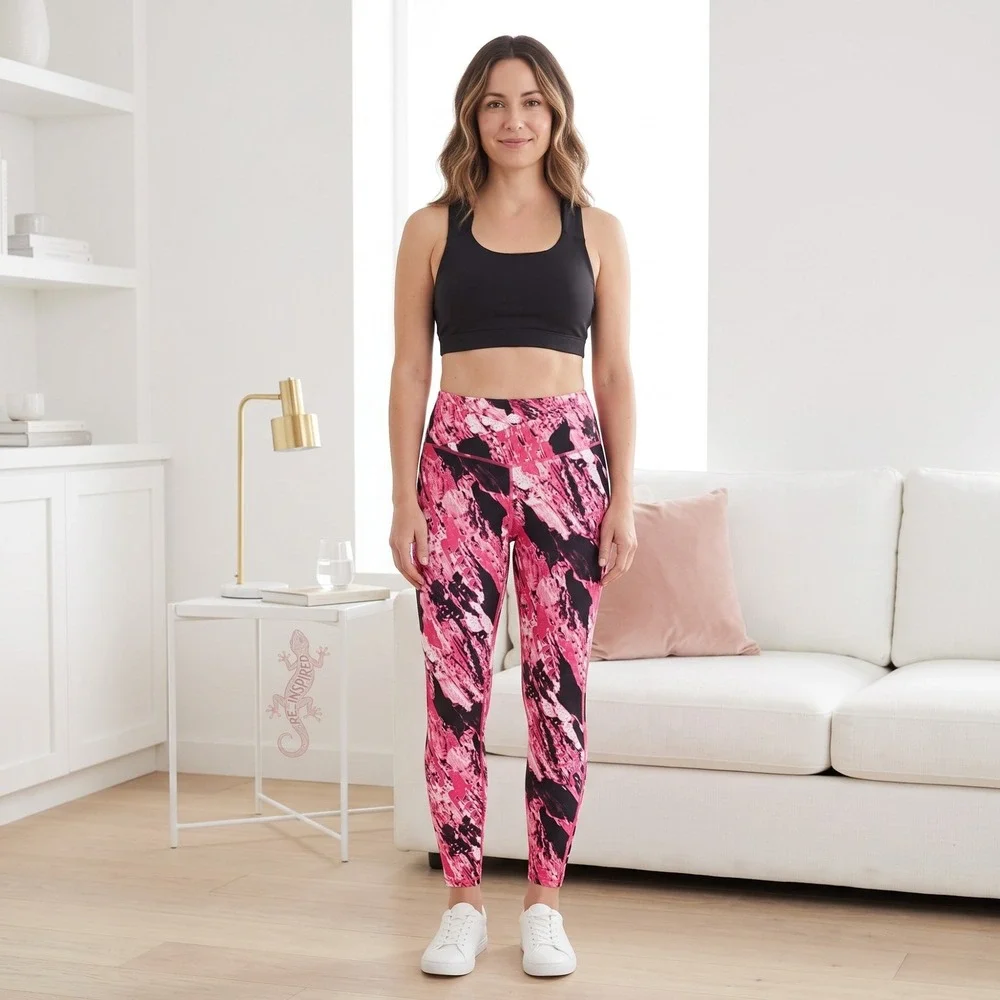 Athletic Works Leggings Womens XL Pink Black Abstract Print High Rise Yoga Pants